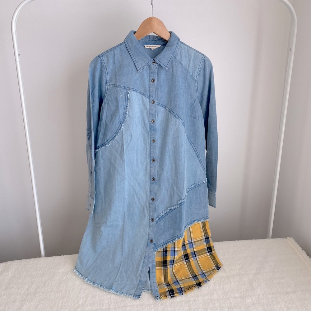 indigo thread co. NWOT Womens Button Down Denim Tunic Shirt, Plaid Details, S